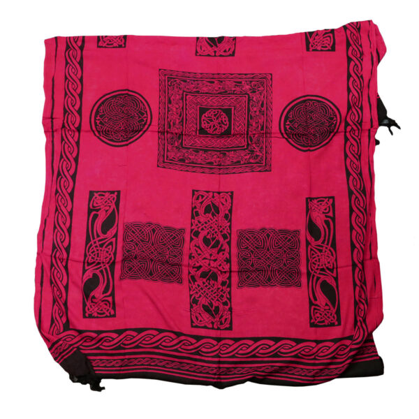 A pink Celtic Sarong Red Multi Celtic Knot Design with black Celtic designs on it.
