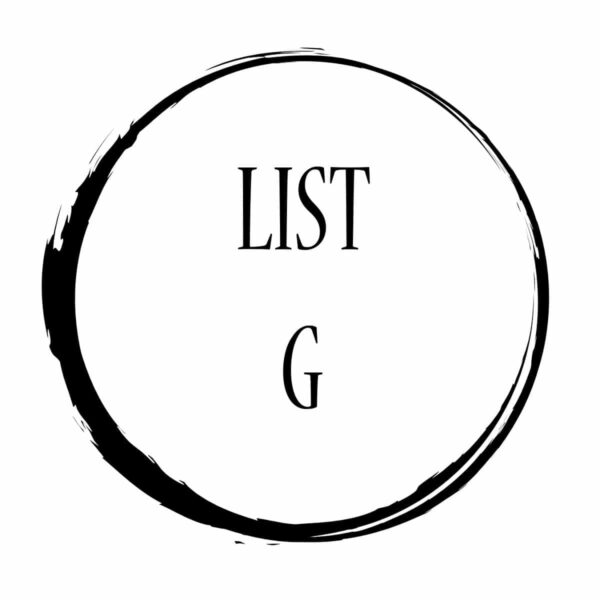A black circle with the words list g.