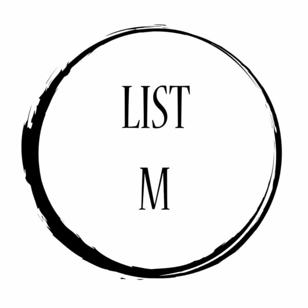 A black circle with the words list m.