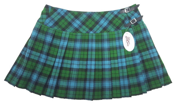 A blue and green plaid Campbell Ancient Homespun Billie-Style Kilted Mini-Skirt - 40W 18L.