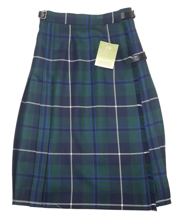 A Douglas Modern Premium Wool Ladies' Kilted Skirt- 25W 24L in a green and blue plaid design.