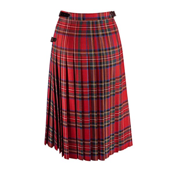 A red Old & Rare Tartans Standard Ladies' Kilted Skirt on a standard mannequin.