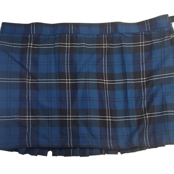 A Ramsay Blue Modern Poly/Viscose Kilted Skirt - 52W 18L on a white background.