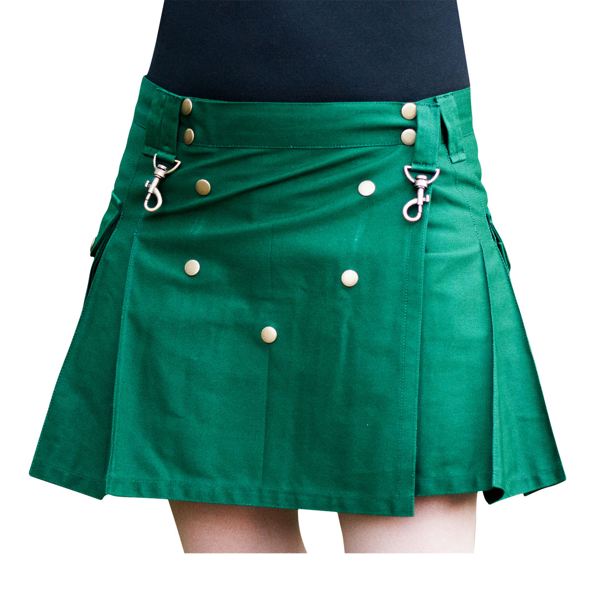 A woman donning a Ladies Wilderness Mini Kilt with gold buttons.