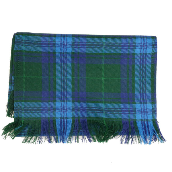 A green and blue Welsh Tartan Shawl with fringes, suitable as a medium weight shawl.