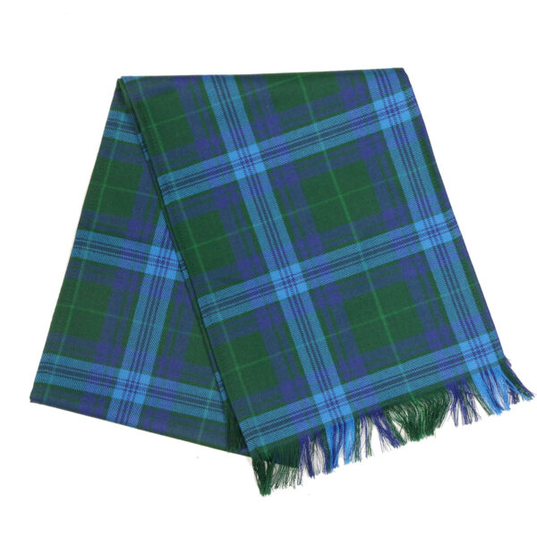 A Welsh Tartan Shawl, Medium Weight Premium Wool adorned in green and blue hues on a white background.
