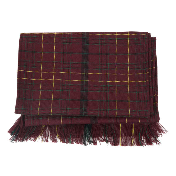 A Welsh Tartan Scarf Medium Weight Premium Wool woven in a Welsh tartan pattern, featuring burgundy plaid and stylish fringes.