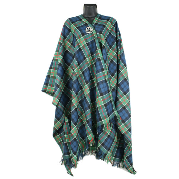 A Tartan Serape - Wool Free Poly Viscose in blue and green, displayed on a mannequin.
