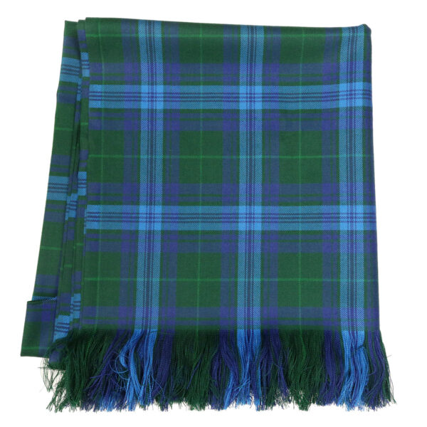 A green and blue Welsh Tartan Shawl with fringes, perfect for medium weight shawl.