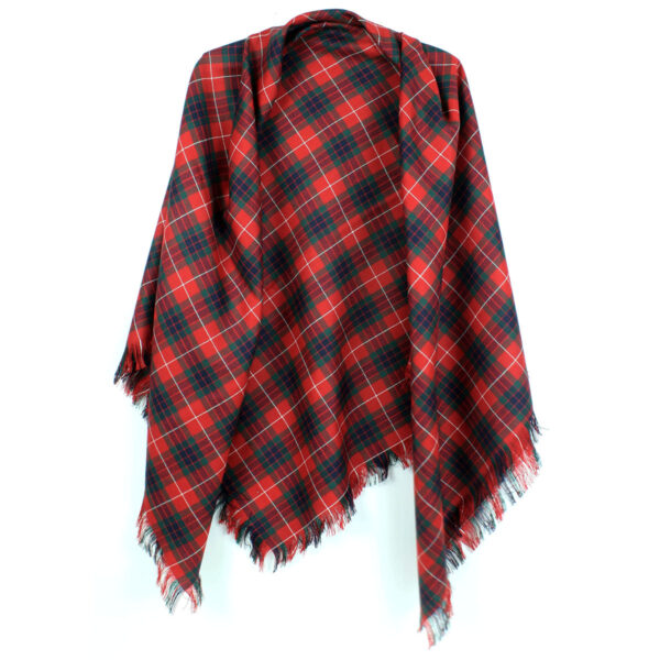 A red and black Spring Weight Tartan Shawl hanging on a hanger.