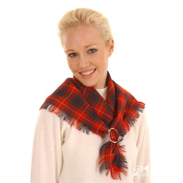 A woman wearing a Tartan Square Scarf - 8oz Spring Weight Premium Wool 80/20.