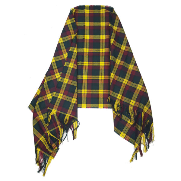 A yellow and green Irish County Spring Weight Wool Tartan Stole with fringes.