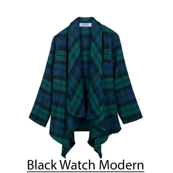 A black and green plaid cardigan with the words black watch modern.
