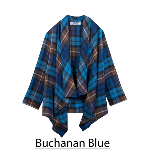 A blue and brown plaid cardigan with the words buchanan blue.