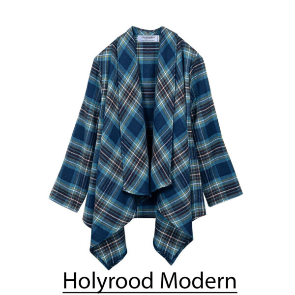 A blue plaid jacket with the words hollywood modern.