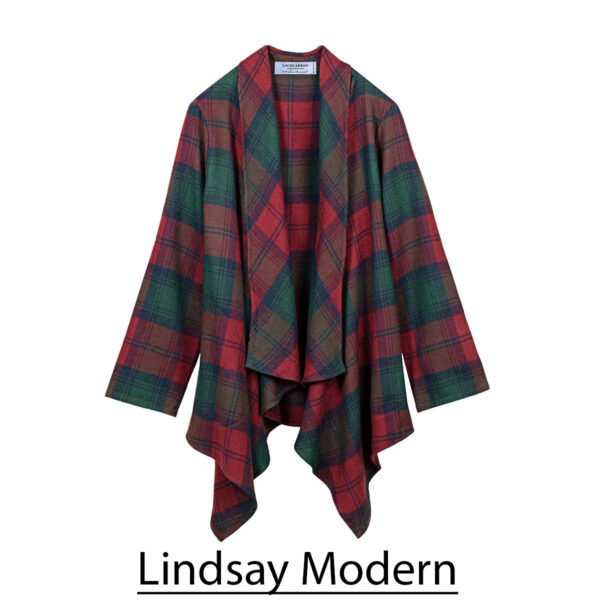 The lindsay modern cardigan in red and green plaid.