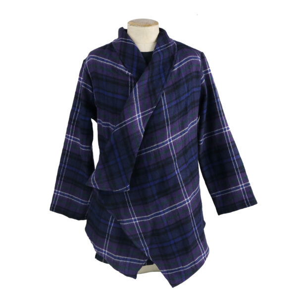 A blue and purple plaid jacket on a mannequin dummy.