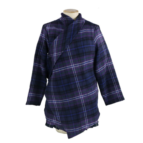 A purple and black plaid coat on a mannequin dummy.