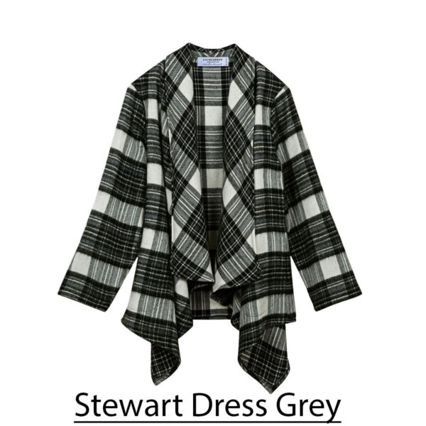 A Scottish Lambswool Tartan Kerry Jacket, called the Stewart dress grey, in a black and white plaid pattern.