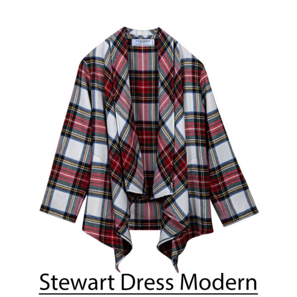 A plaid jacket with the words stewart dress modern.