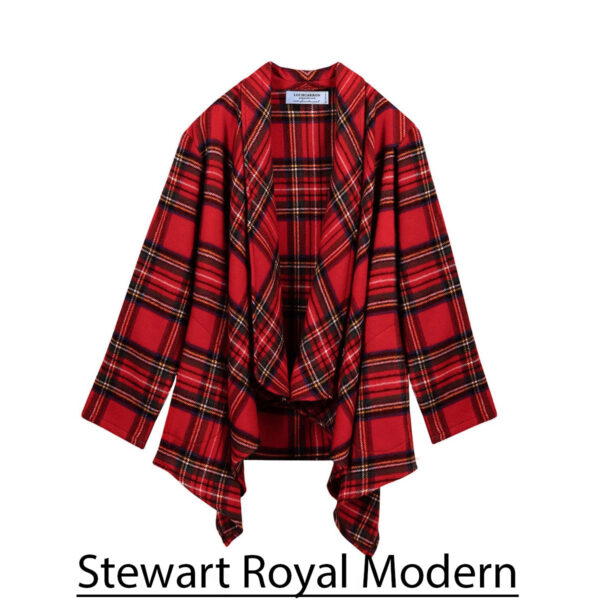 A red and black plaid jacket with the words stewart royal modern.