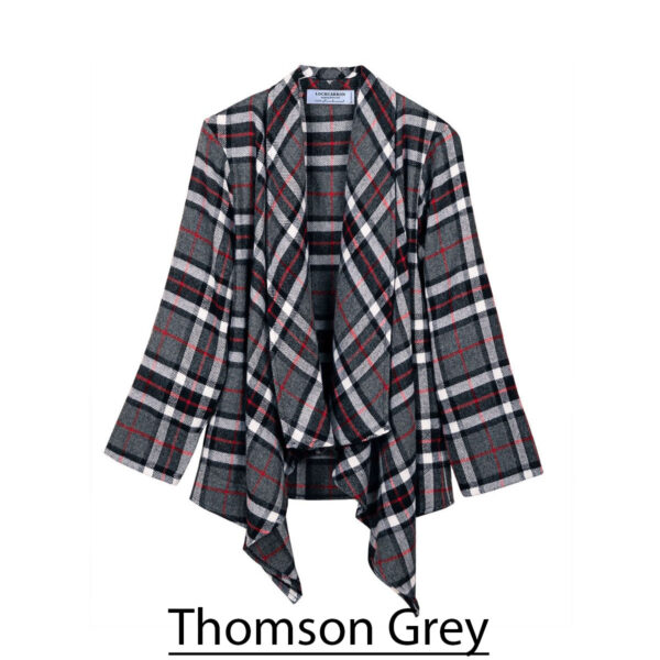 A plaid jacket with the words thomson grey.