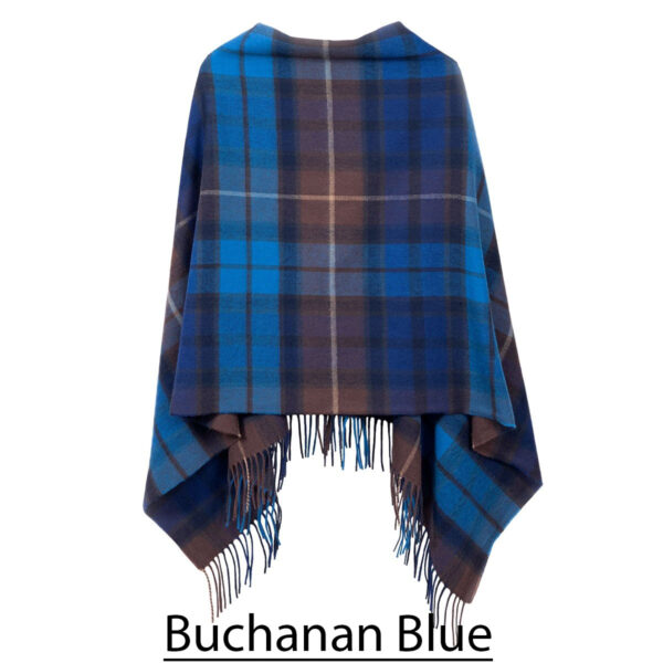 A Scottish Lambswool Tartan Poncho made of blue and brown plaid lambswool, featuring fringes.