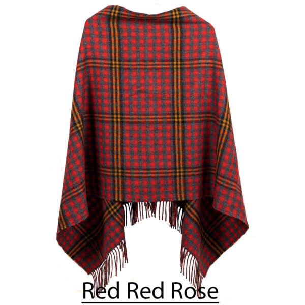 A Scottish Lambswool Tartan Poncho in red and yellow plaid with fringes.