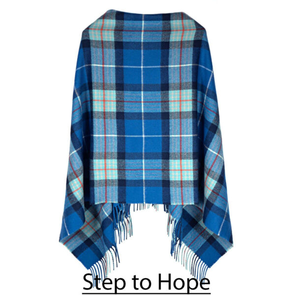 A blue Scottish Lambswool Tartan poncho with the words step to hope (Scottish Lambswool Tartan Poncho).