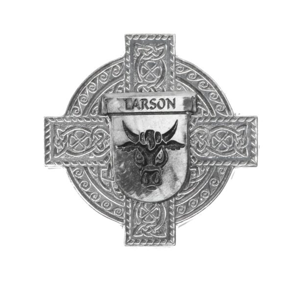 A Celtic cross with the word warson and Larsen Coat of Arms Pewter Cross Badge on it.