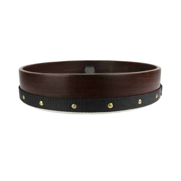 A wooden belt with black and gold accents featuring a Rosewood Frame 14 inch Bodhran.