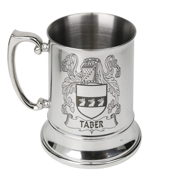 The Taber Irish Coat of Arms Stainless Steel Beer Tankard is adorned with a family crest, making it a unique and stylish choice for enjoying your favorite brew.