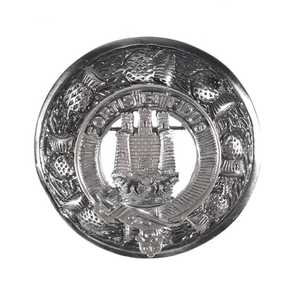 A silver MacLachlan Clan Crest Pewter Thistle Plaid Brooch