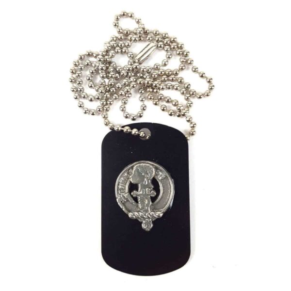 A MacLellan Crest Dog Tag Necklace with a Scottish clan crest on it.