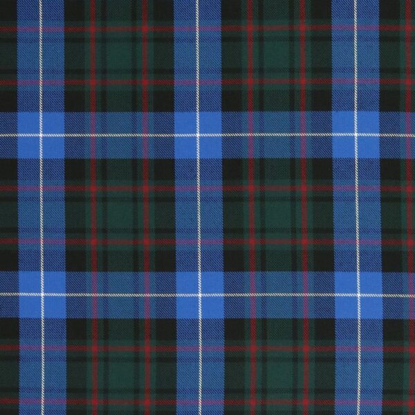 A blue and red plaid tartan fabric made of viscose.