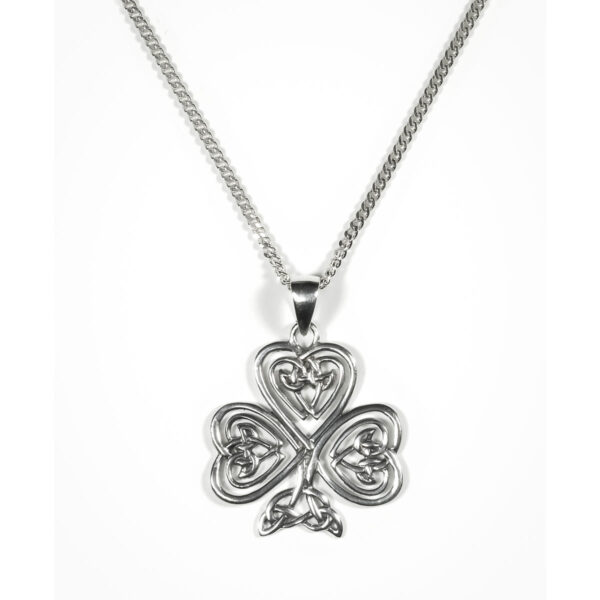 A silver necklace with a shamrock pendant.