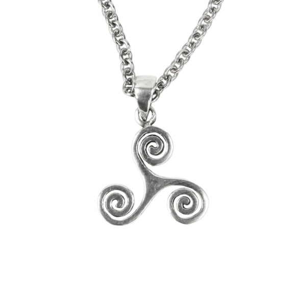 A Triskelion Sterling Silver Necklace with a spiral Triskelion design.