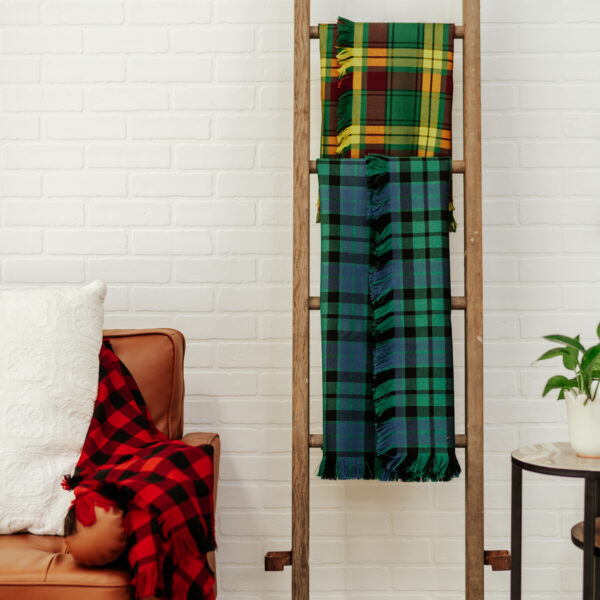 A ladder with a Quality Wool Blend Kilt with Matching Tartan Flashes and FREE Kilt Hanger on it.