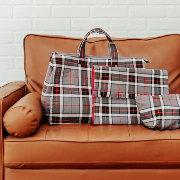 A Tartan Business Bundle - Poly/Viscose Wool Free- NLA Jenny bag and purse on a couch.