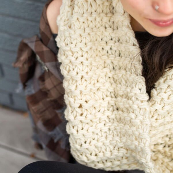 A woman wearing a crocheted OUTLANDER Inspired Custom-Made Hand-Knit Cowl.