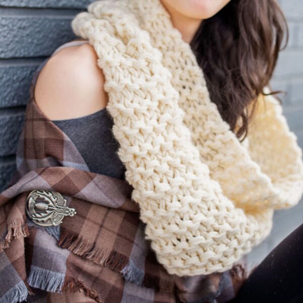 A woman wearing a knitted OUTLANDER Inspired Custom-Made Hand-Knit Cowl.