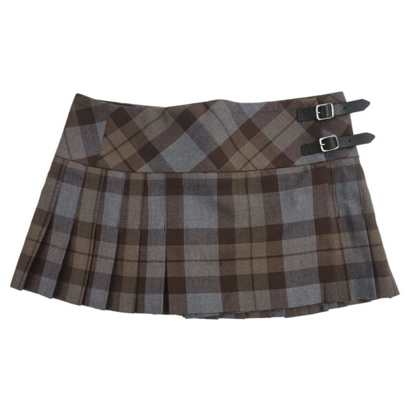 An OUTLANDER Billie-Style Kilted Mini-Skirt Poly/Viscose brown and gray plaid skirt with buckles.