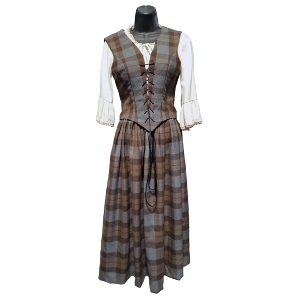 An Outlander Poly/Viscose Bodice-inspired women's plaid dress with an Outlander Poly/Viscose Bodice displayed on a mannequin.