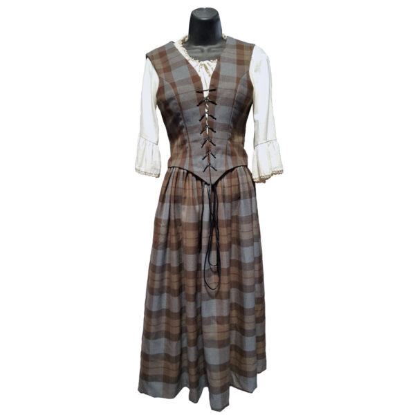 A Tartan Ladies Bodice - Poly/Viscose Wool Free plaid dress on a mannequin.