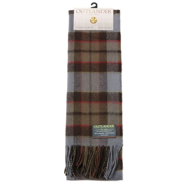 An OUTLANDER-inspired blue and brown plaid Tartan Scarf - OUTLANDER Lambswool with tassels.