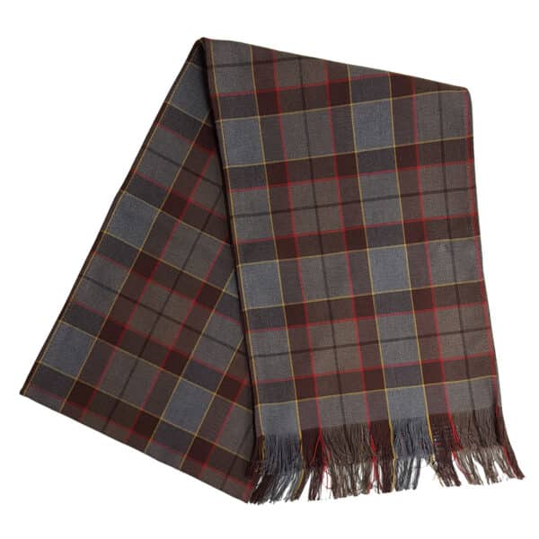An Tartan Scarf - OUTLANDER Wool Free with fringes on a white background.
