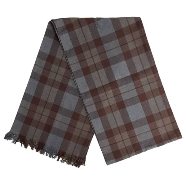 A Tartan Scarf - OUTLANDER Wool Free brown and grey plaid scarf on a white background.
