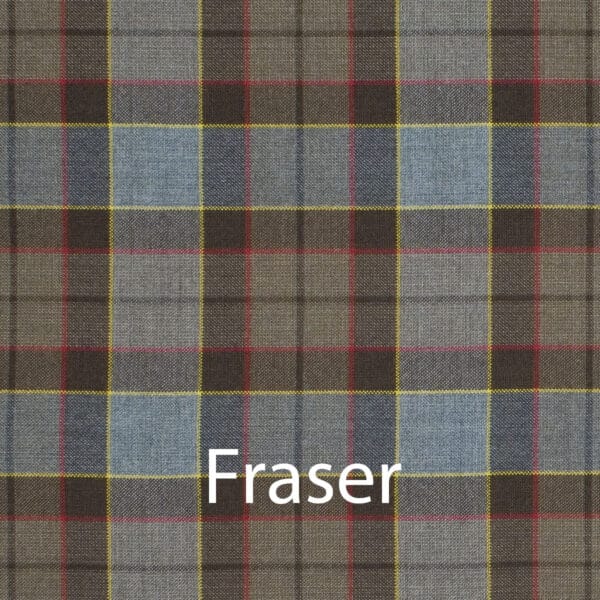 A plaid fabric with the word Fraser on it, perfect for Outlander fans looking for the stylish Outlander Tartan Face Masks - Wool Free.
