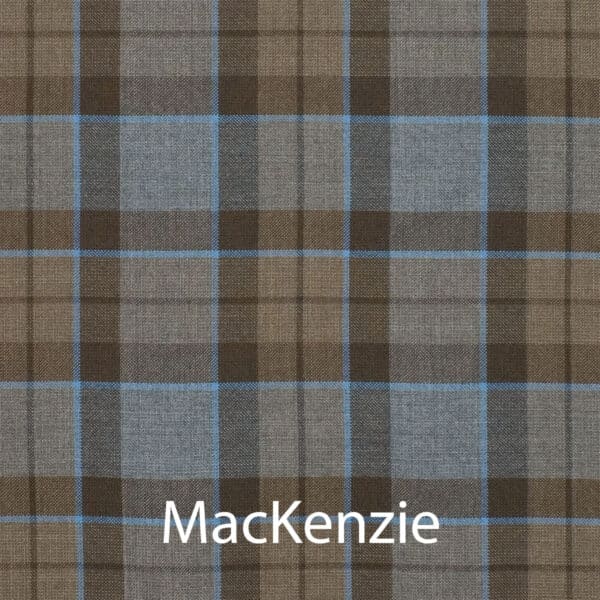 A close up of a plaid fabric with the word Mackenzie, featuring an OUTLANDER Great Kilt Authentic Premium Wool Tartan-inspired design.