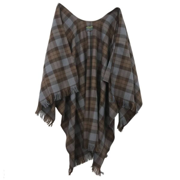 An OUTLANDER Wrap Authentic Premium Wool Tartan with fringes hanging on a hanger.